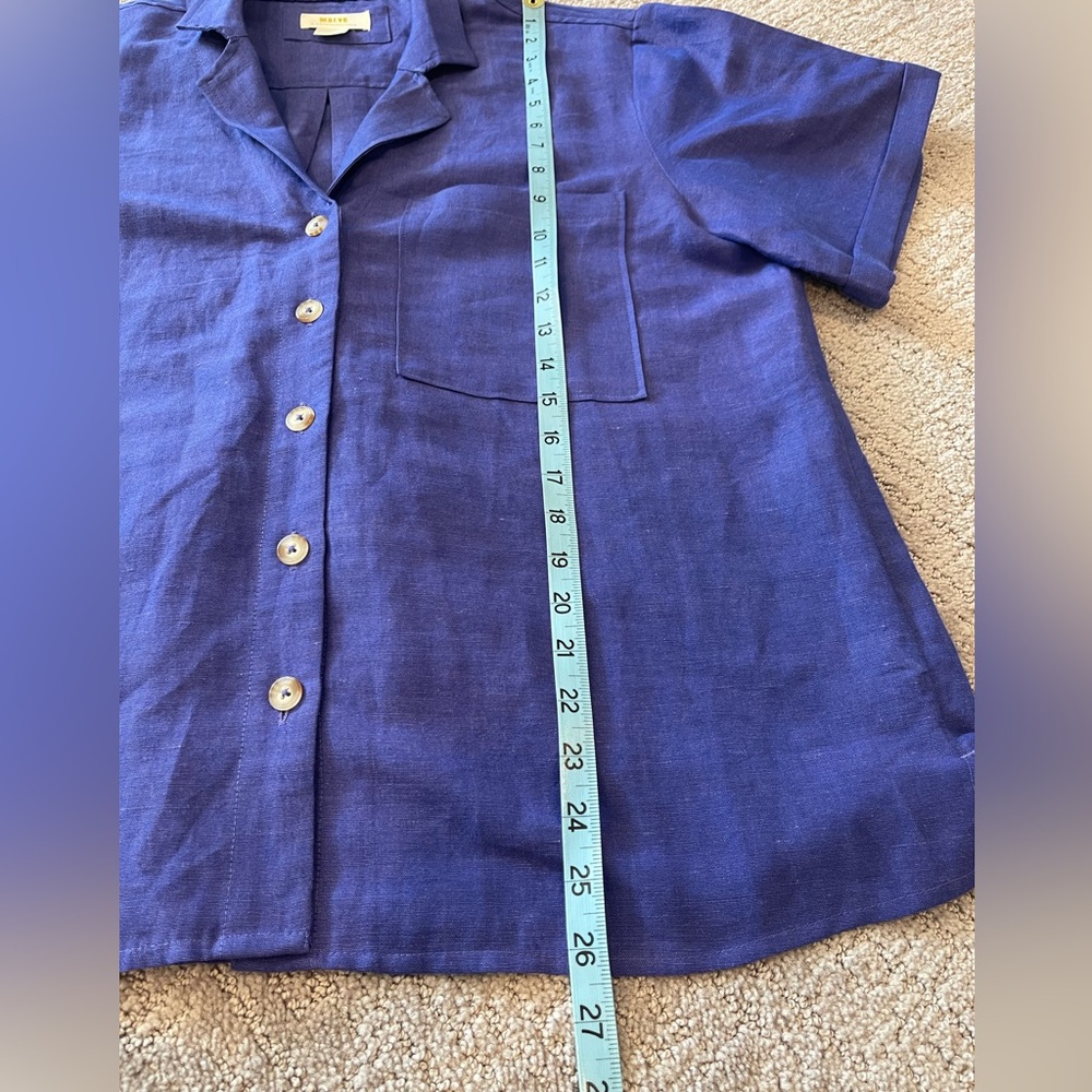 Maeve Linen Blend Short Sleeve Button-Down Shirt - Violet Blue, Anthropologie, L - Picture 9 of 16